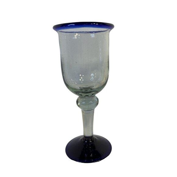 Set-2 Hand Blown Mexican Wine/Water Glass Goblets Cobalt Blue Rims & Base 8" - Picture 2 of 9